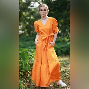 Maude Vivante dress 100% Cotton‎ bright Orange Tiered layers  Puff Sleeves *read
